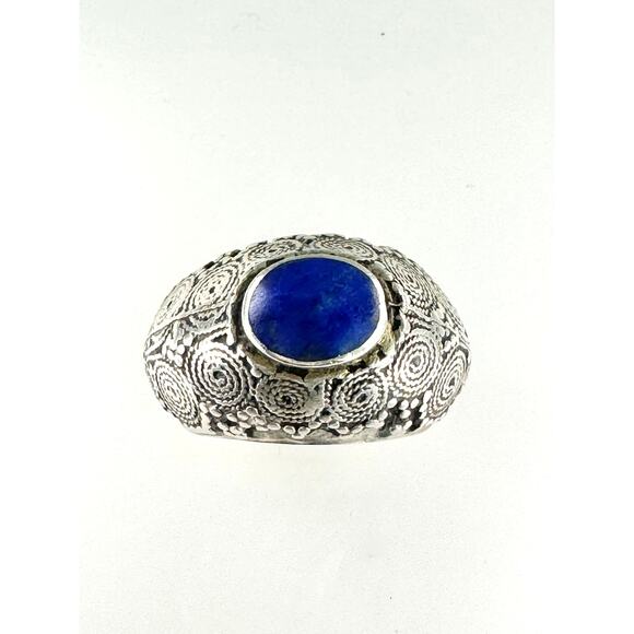 Vintage Afghan Lapis Lazuli Handmade Silver Tall Hollow Ring US Sz 8 - Picture 2 of 9